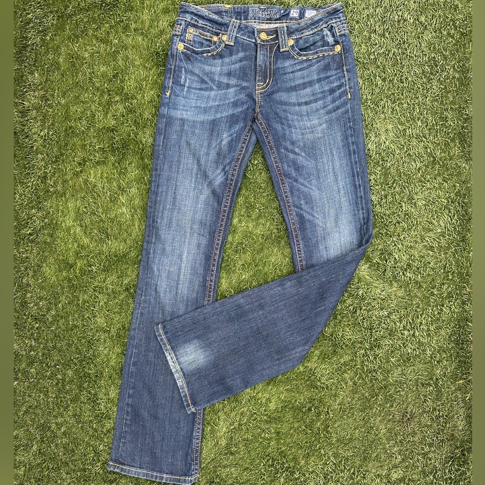 Miss Me Denim Western Cowgirl Thick Stitch Rivets Flap Pocket Jeans Dark Wash 29
